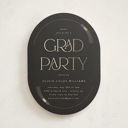This is a midnight graduation invitations with foil pressed by Morgan Kendall called modern elegance printing on signature in standard