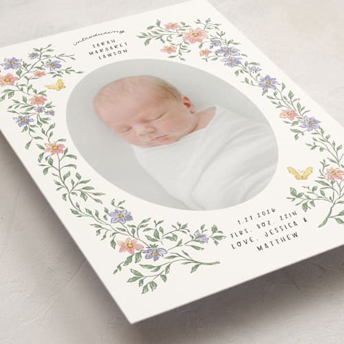This is a garden birth announcement postcards with standard by Grae called tiny flowers printing on signature in postcard