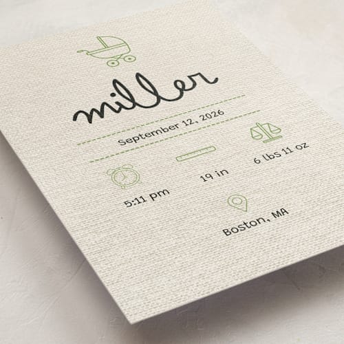 This is a mint birth announcement postcards with standard by Ashley Langlais called stitched together printing on signature in postcard