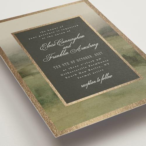 This is a graphite foil stamped wedding invitations with foil pressed by Everett Paper Goods called hillside printing on signature in standard