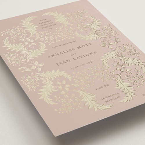 This is a rose foil stamped wedding invitations with foil pressed by Ani Somi called french train printing on signature in standard