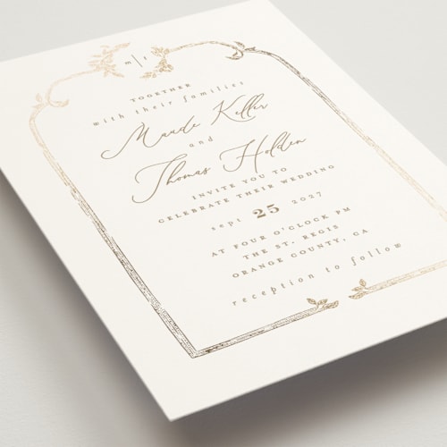 This is a porcelain foil stamped wedding invitations with foil pressed by Leah Bisch called reflection printing on signature in standard