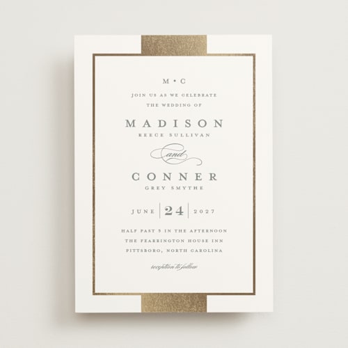 This is a slate foil stamped wedding invitations with foil pressed by Stacey Meacham called refined style printing on signature in standard